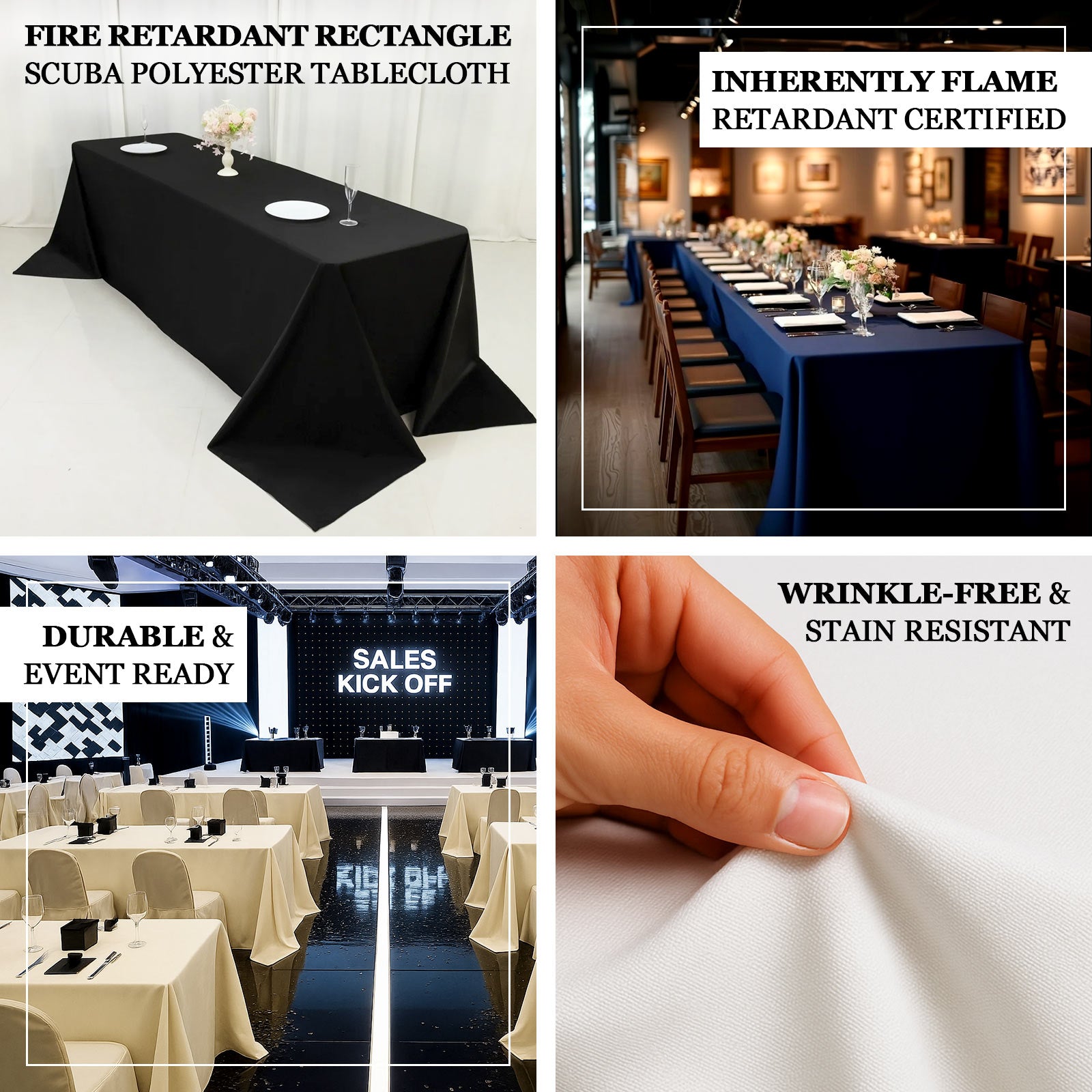 Fire Retardant Scuba Tablecloth – 90"x156" Rectangle Black, Wrinkle Free, Stain Resistant, Seamless Polyester Cover