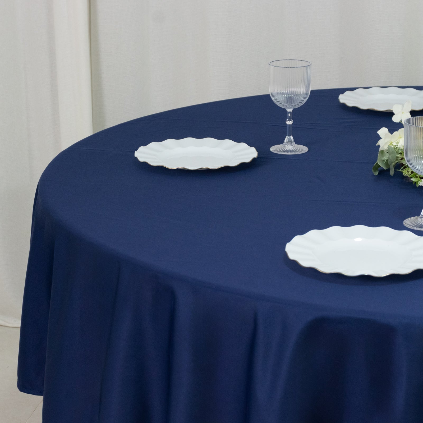 Fire Retardant Scuba Tablecloth – 90" Round Navy Blue, Wrinkle Free, Stain Resistant Polyester Cover