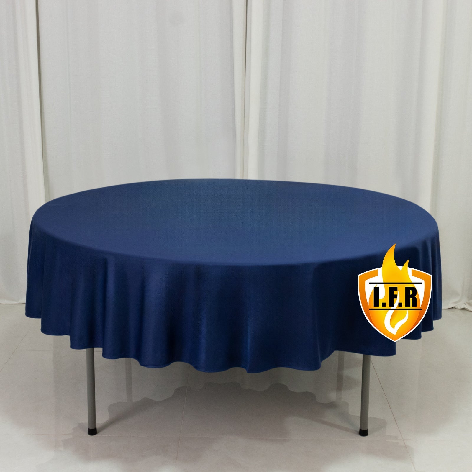 Fire Retardant Scuba Tablecloth – 90" Round Navy Blue, Wrinkle Free, Stain Resistant Polyester Cover