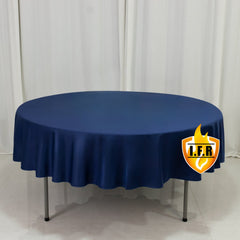 Fire Retardant Scuba Tablecloth – 90" Round Navy Blue, Wrinkle Free, Stain Resistant Polyester Cover