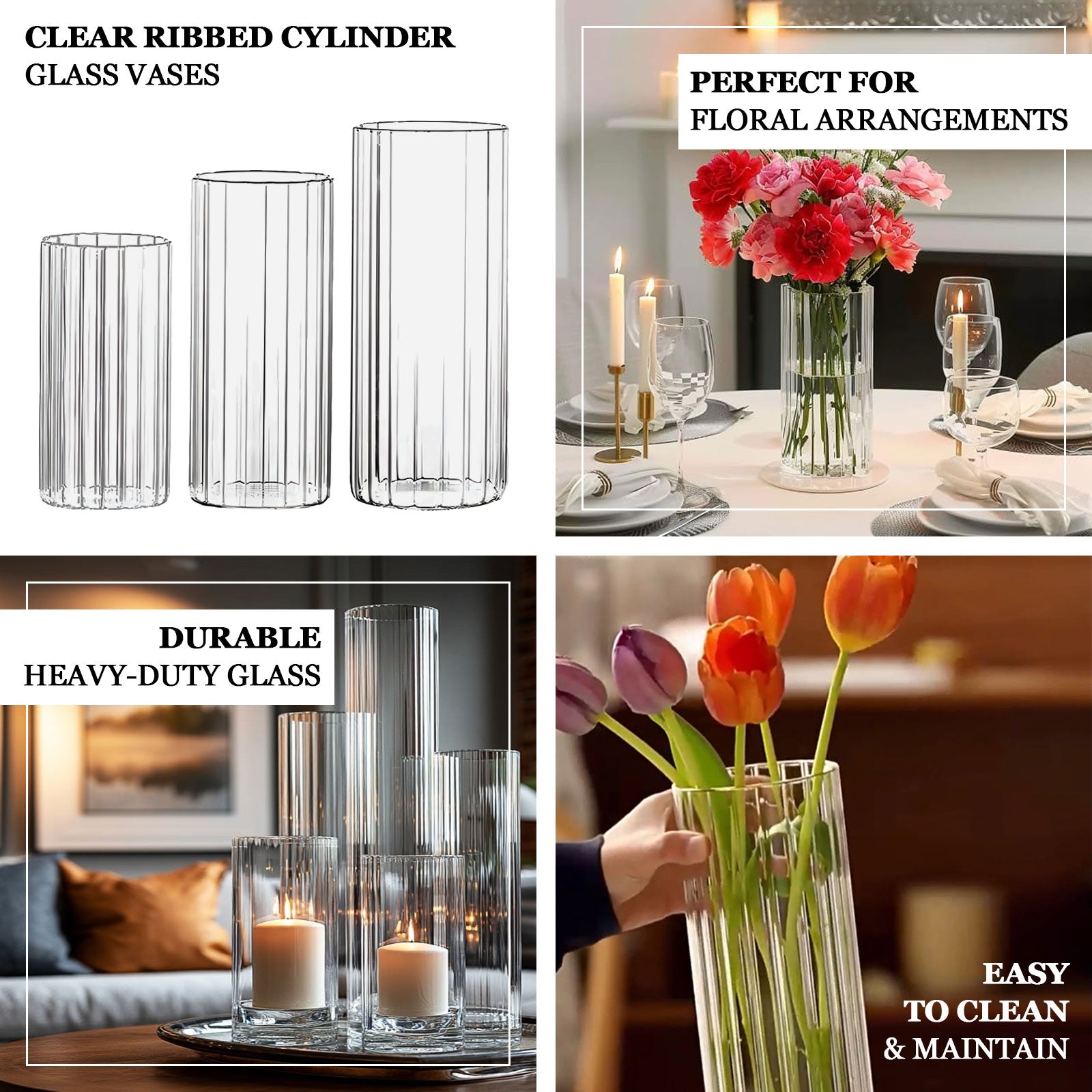 12" Ribbed Cylinder Glass Vases – 6 Pack Clear Tall Vases for Floral Arrangements, Tabletop Decor & Events