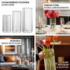 16" Ribbed Cylinder Glass Vases 6-Pack – Tall Clear Vases for Wedding Centerpieces, Home Decor & Event Styling