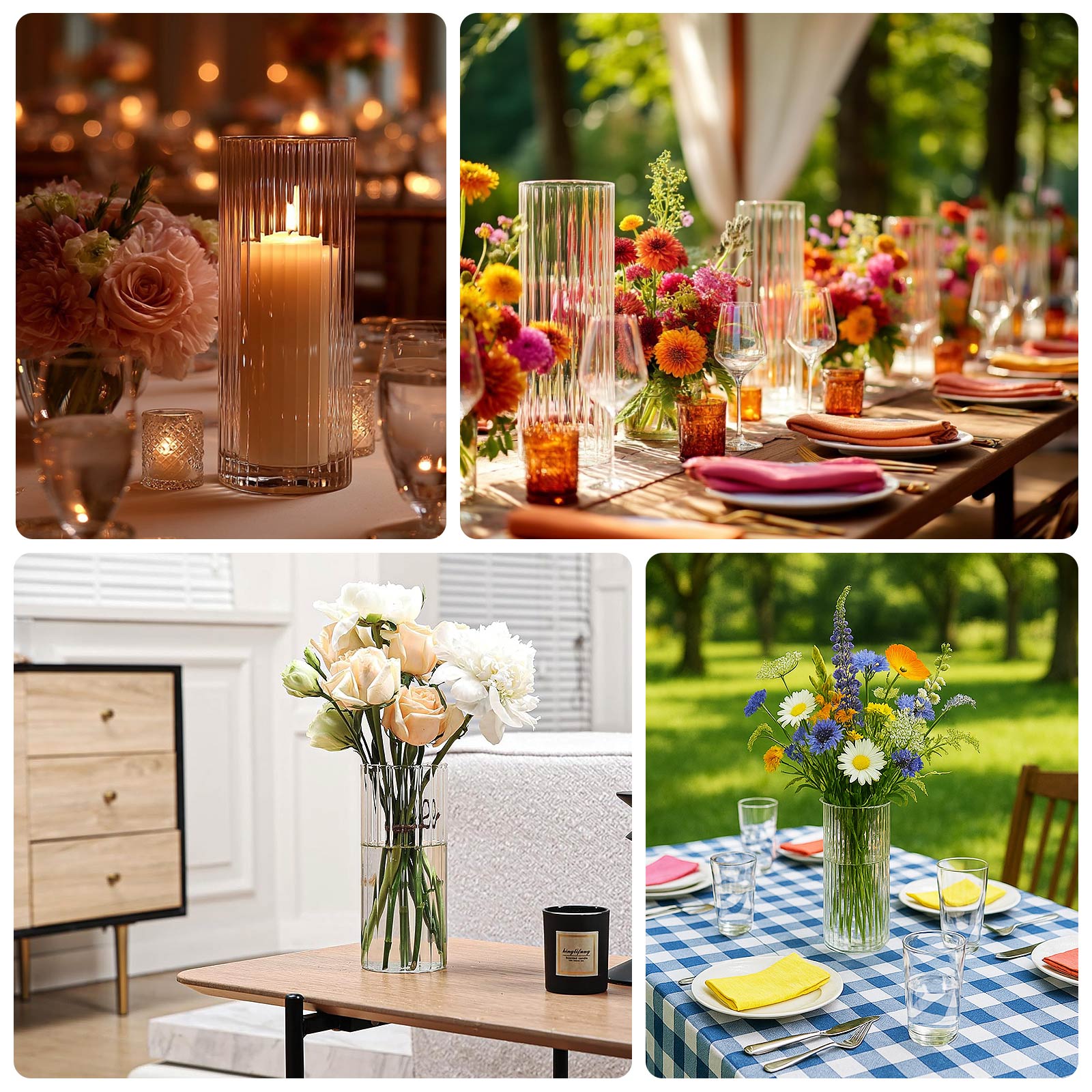 14" Ribbed Cylinder Glass Vases 6-Pack – Tall Clear Decorative Vases for Dining Tables, Mantels & Modern Interiors