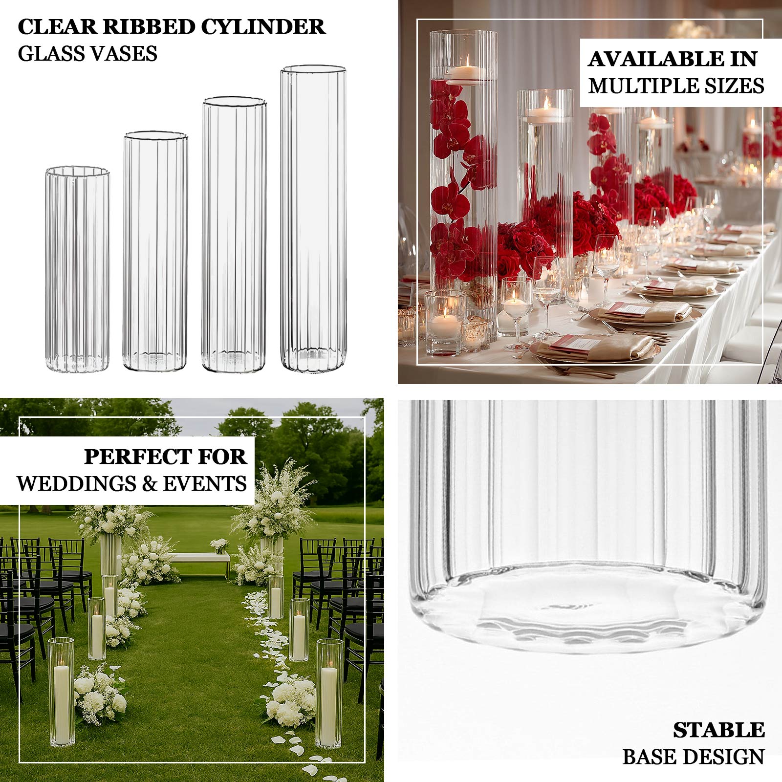 40" Ribbed Cylinder Floor Vases 2 Pack – Oversized Clear Glass Vases for Grand Venue Displays & Lobbies