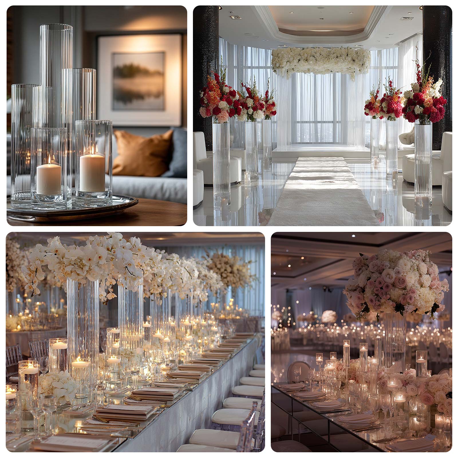 20" Ribbed Cylinder Glass Vases 6-Pack – Tall Clear Vases for Pampas Grass, Fresh Flowers & Elegant Event Decor