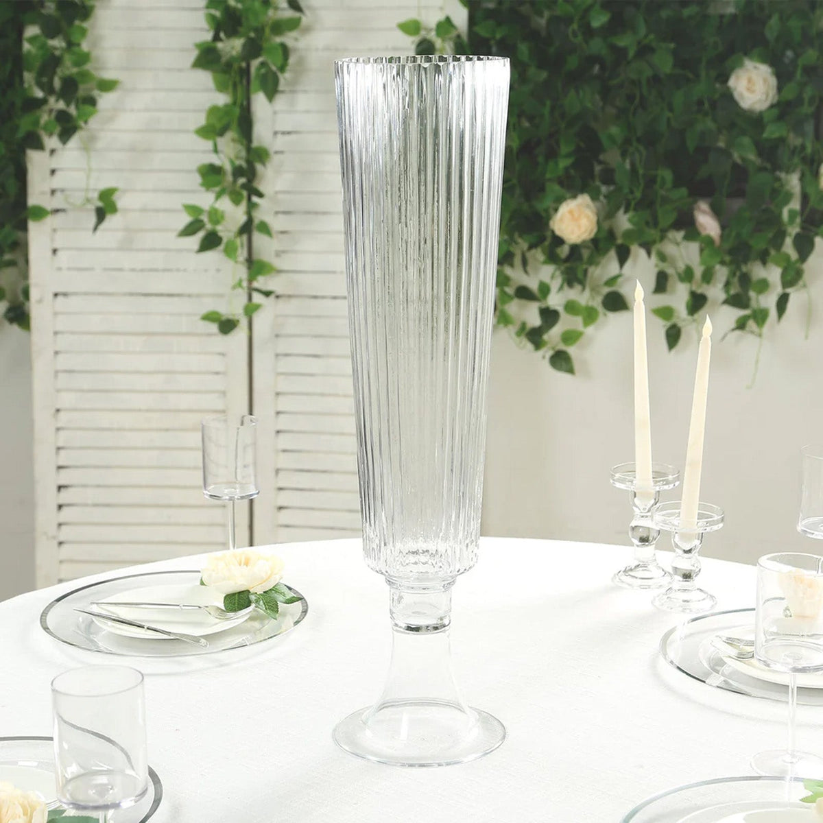 2-Pack Glass Trumpet Vases Ribbed Design Clear - Durable Flower Centerpieces for Events 32"
