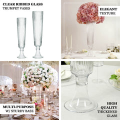 4-Pack Glass Trumpet Vases Ribbed Design Clear - Durable Flower Centerpieces for Events 26"