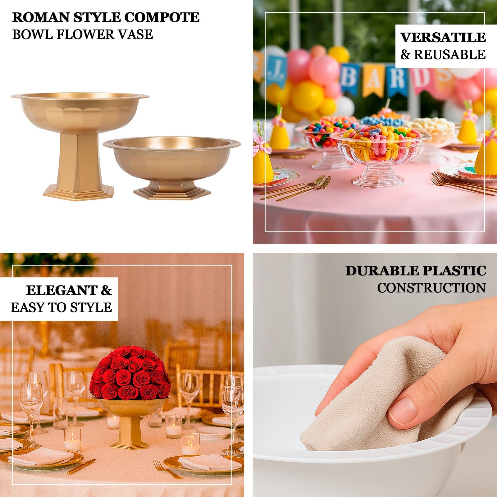 3 Pack Gold Roman Footed Compote Vases, 10"x7" Plastic Pedestal Flower Bowls for Table Centerpieces & Floral Displays