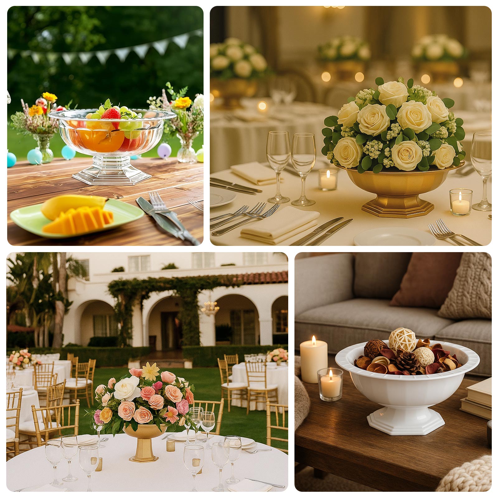 3-Pack Plastic Footed Compote Bowl Flower Vases Roman Style Clear - Round Decorative Pedestal Table Centerpieces 10"