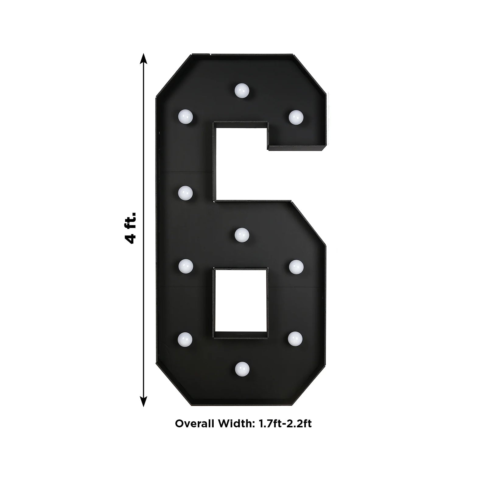 Giant LED Marquee Light Up Number "6", Black 4ft Pre-Cut Foam Board with 10 Warm White Battery Operated LEDs, Glue Gun and Sticks