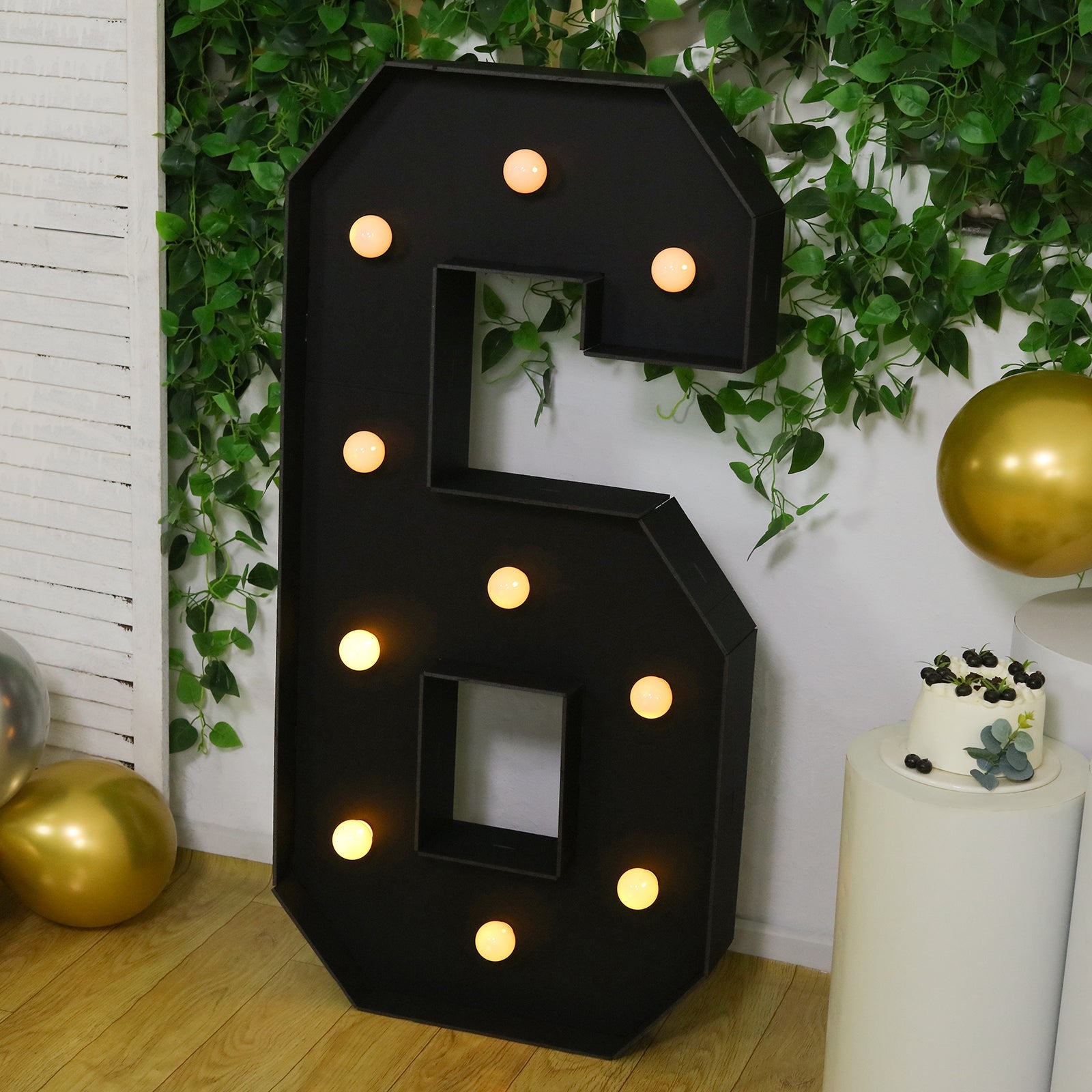 Giant LED Marquee Light Up Number "6", Black 4ft Pre-Cut Foam Board with 10 Warm White Battery Operated LEDs, Glue Gun and Sticks
