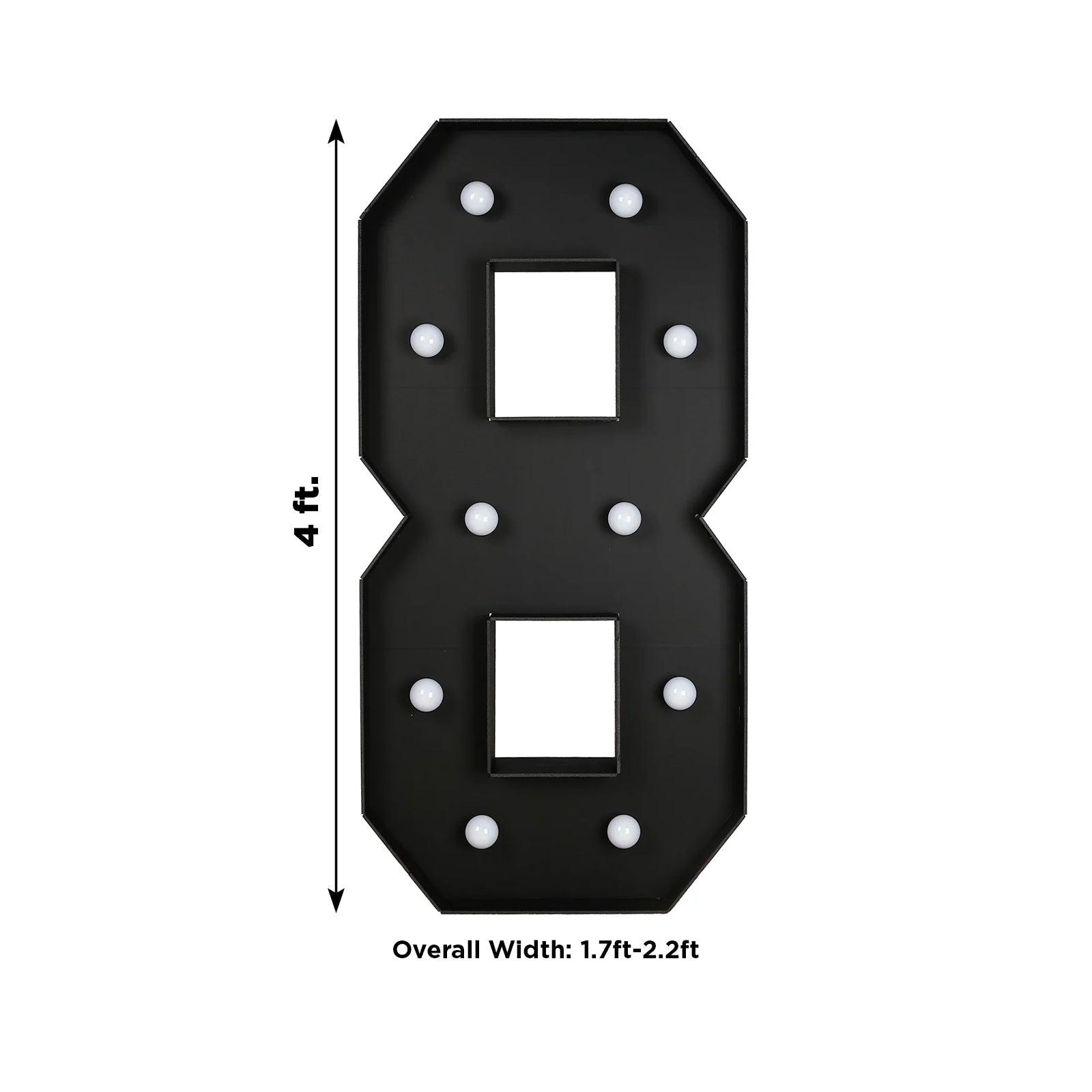 Giant LED Marquee Light Up Number "8", Black 4ft Pre-Cut Foam Board with 10 Warm White Battery Operated LEDs, Glue Gun and Sticks