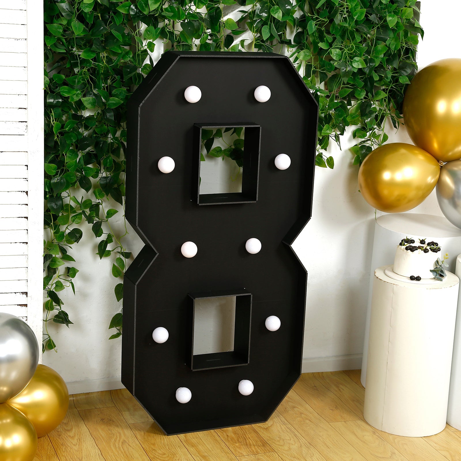 Giant LED Marquee Light Up Number "8", Black 4ft Pre-Cut Foam Board with 10 Warm White Battery Operated LEDs, Glue Gun and Sticks