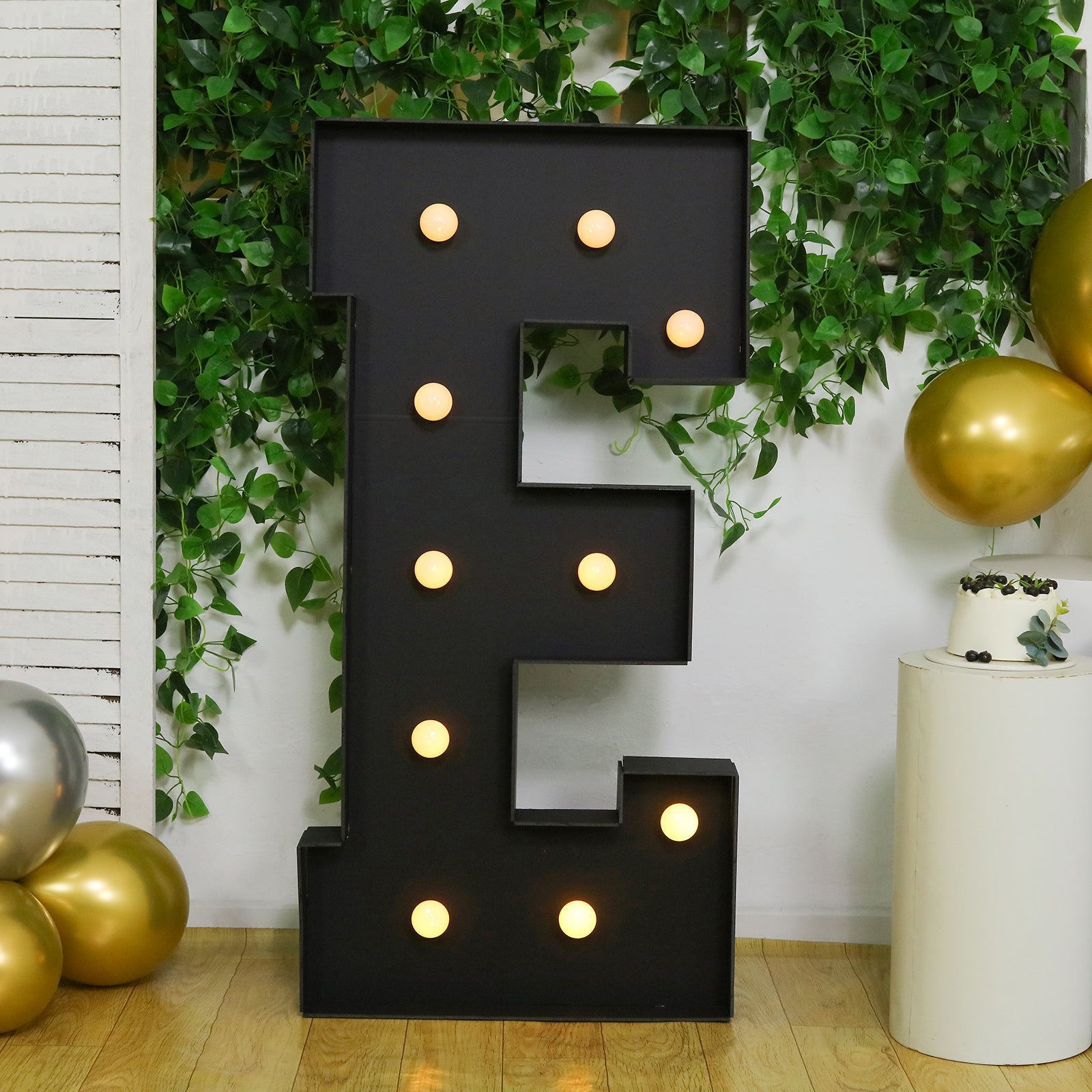 Giant LED Marquee Light Up Letter "E", Black 4ft Pre-Cut Foam Board with 10 Warm White Battery Operated LEDs, Glue Gun and Sticks