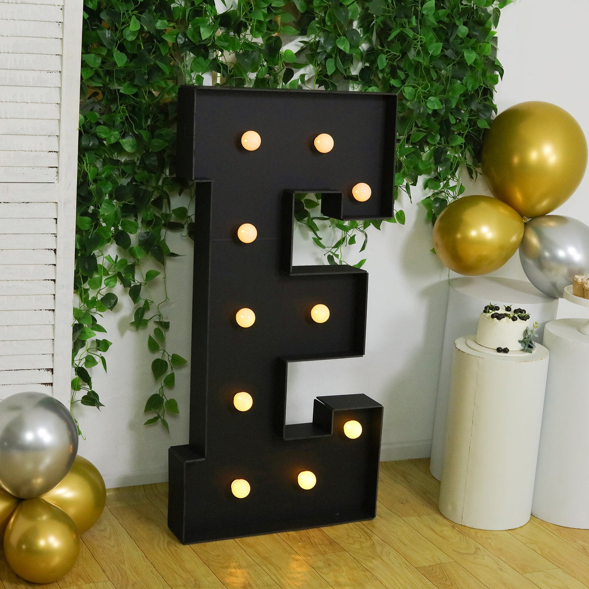 Giant LED Marquee Light Up Letter "E", Black 4ft Pre-Cut Foam Board with 10 Warm White Battery Operated LEDs, Glue Gun and Sticks