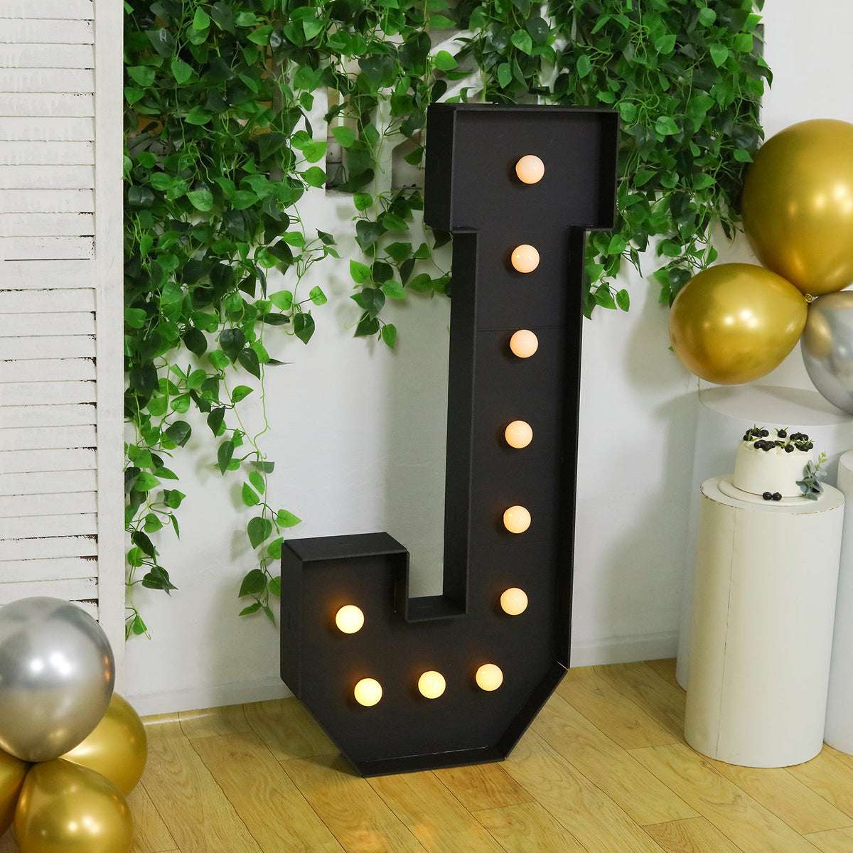 Giant LED Marquee Light Up Letter "J", Black 4ft Pre-Cut Foam Board with 10 Warm White Battery Operated LEDs, Glue Gun and Sticks