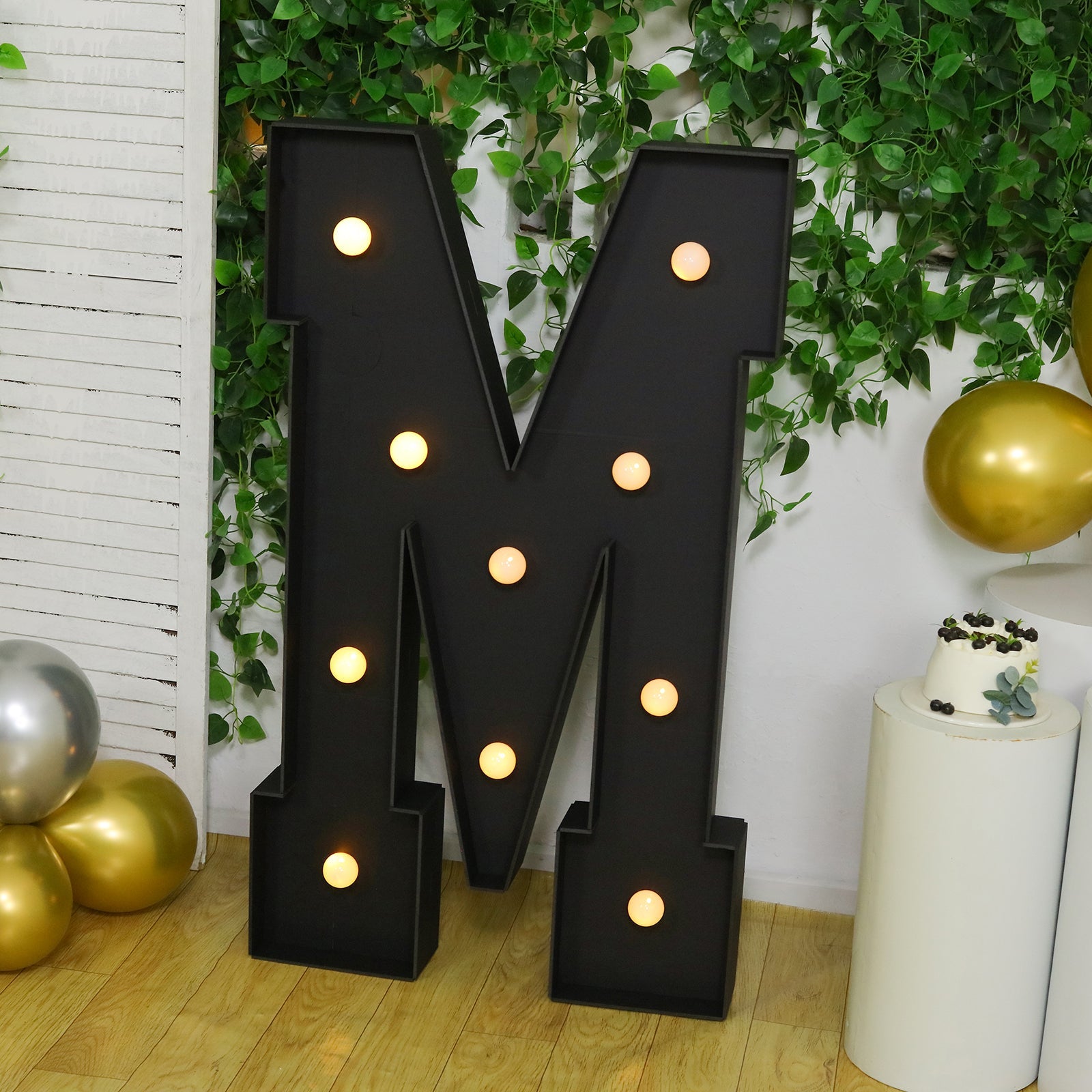 Giant LED Marquee Light Up Letter "M", Black 4ft Pre-Cut Foam Board with 10 Warm White Battery Operated LEDs, Glue Gun and Sticks