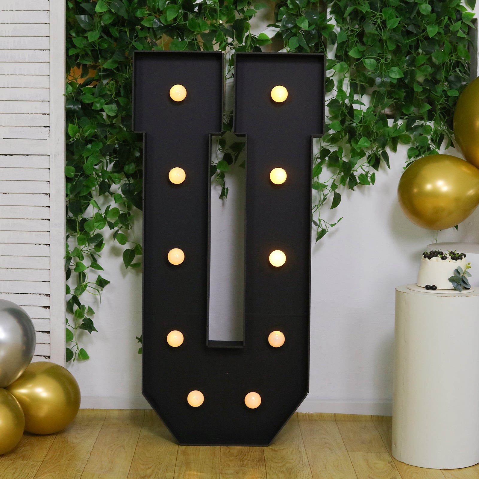 Giant LED Marquee Light Up Letter "U", Black 4ft Pre-Cut Foam Board with 10 Warm White Battery Operated LEDs, Glue Gun and Sticks