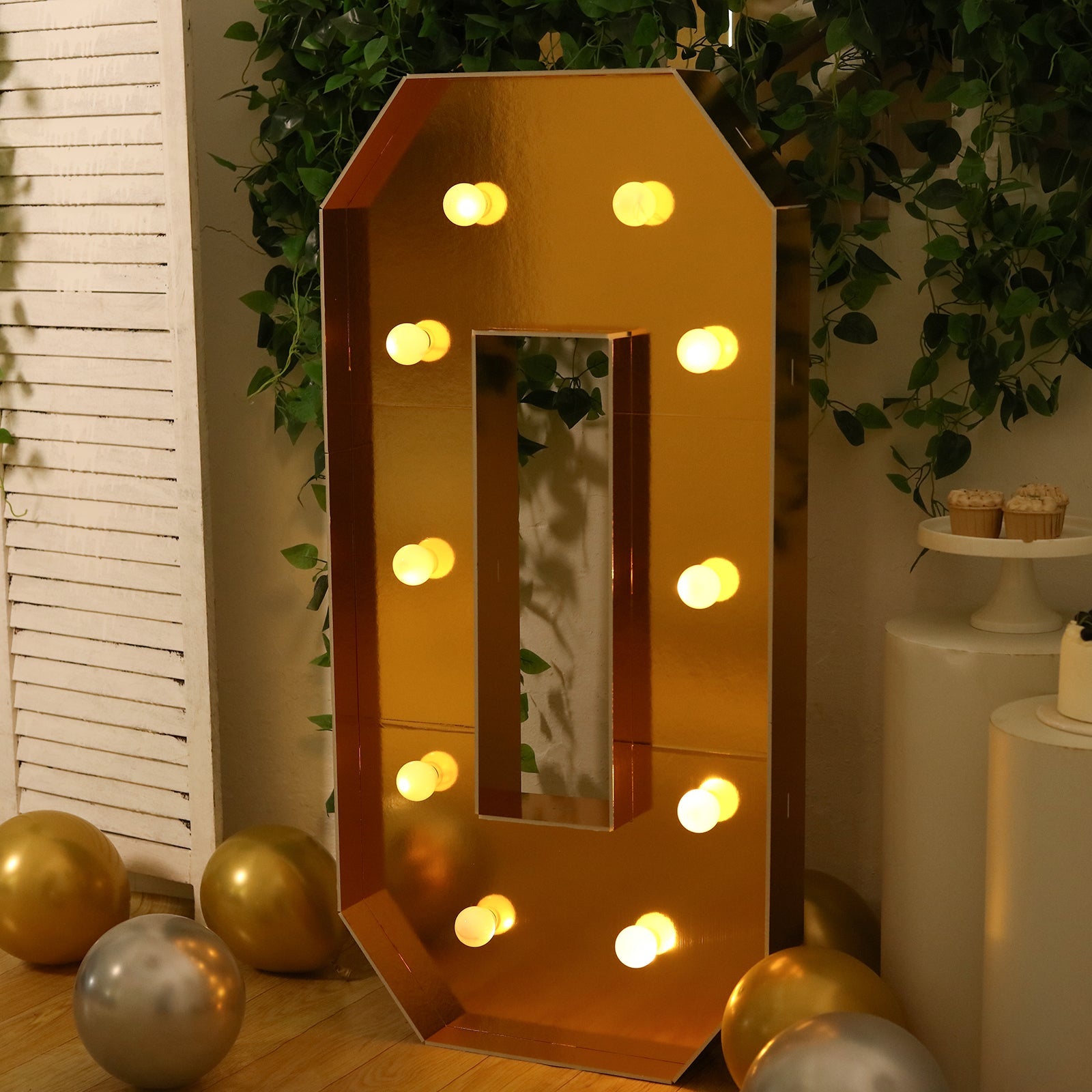 Giant LED Marquee Light Up Number "0", Gold 4ft Pre-Cut Foam Board with 10 Warm White Battery Operated LEDs, Glue Gun and Sticks