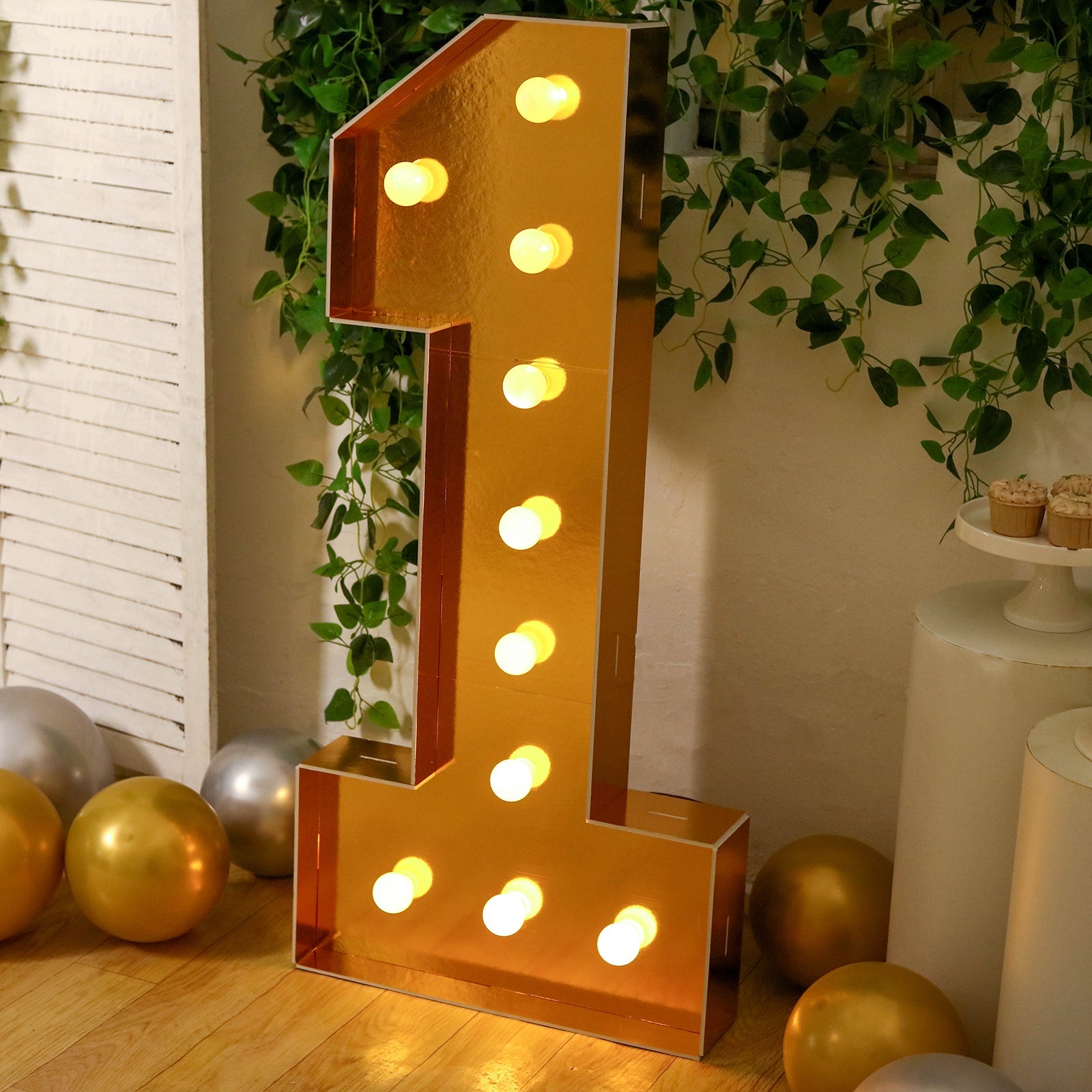 Giant LED Marquee Light Up Number "1", Gold 4ft Pre-Cut Foam Board with 10 Warm White Battery Operated LEDs, Glue Gun and Sticks