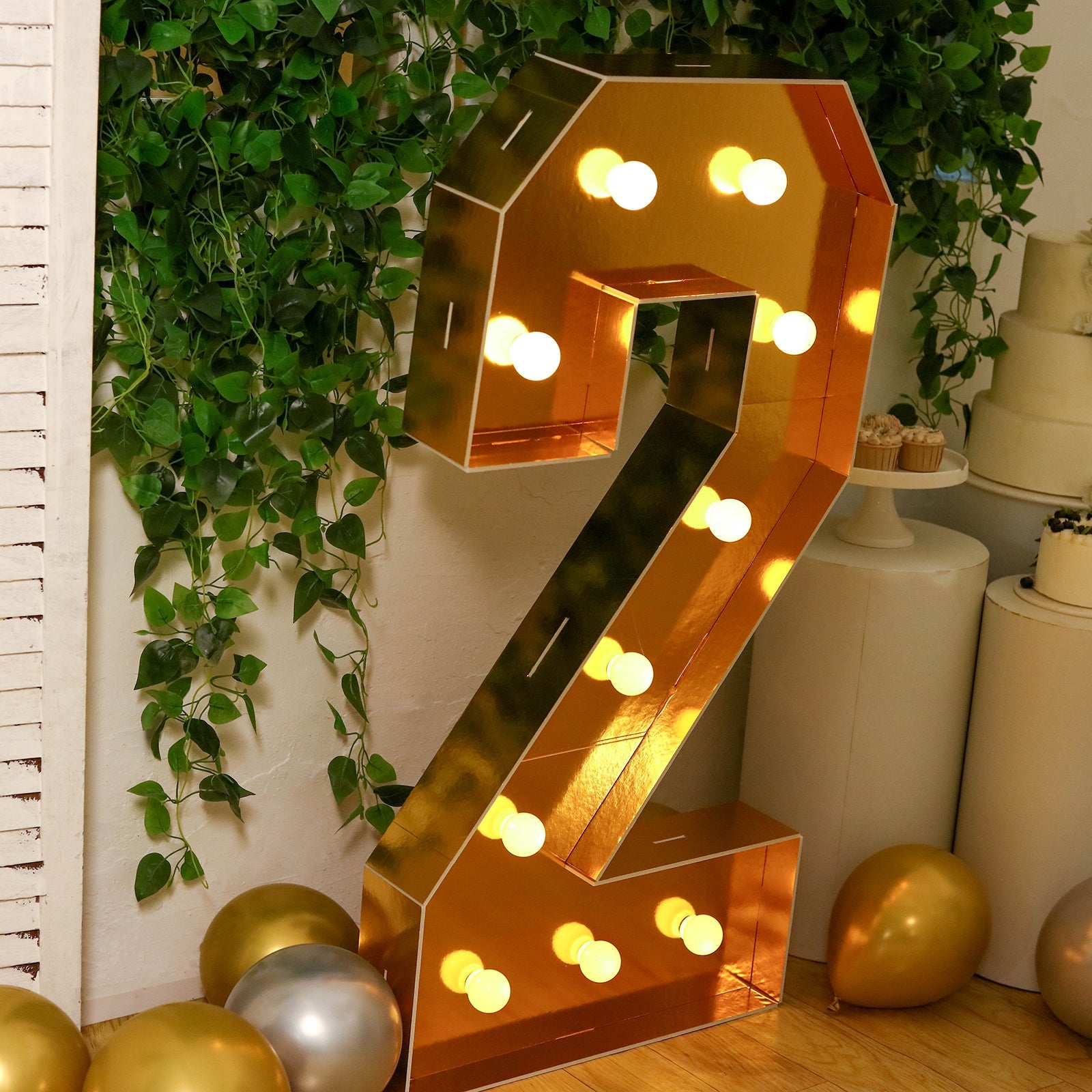Giant LED Marquee Light Up Number "2", Gold 4ft Pre-Cut Foam Board with 10 Warm White Battery Operated LEDs, Glue Gun and Sticks