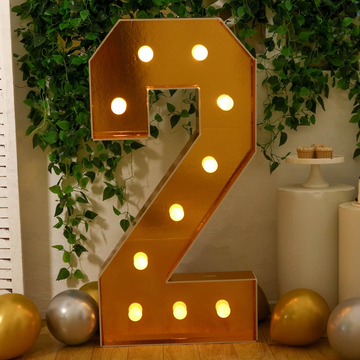 Giant LED Marquee Light Up Number "2", Gold 4ft Pre-Cut Foam Board with 10 Warm White Battery Operated LEDs, Glue Gun and Sticks
