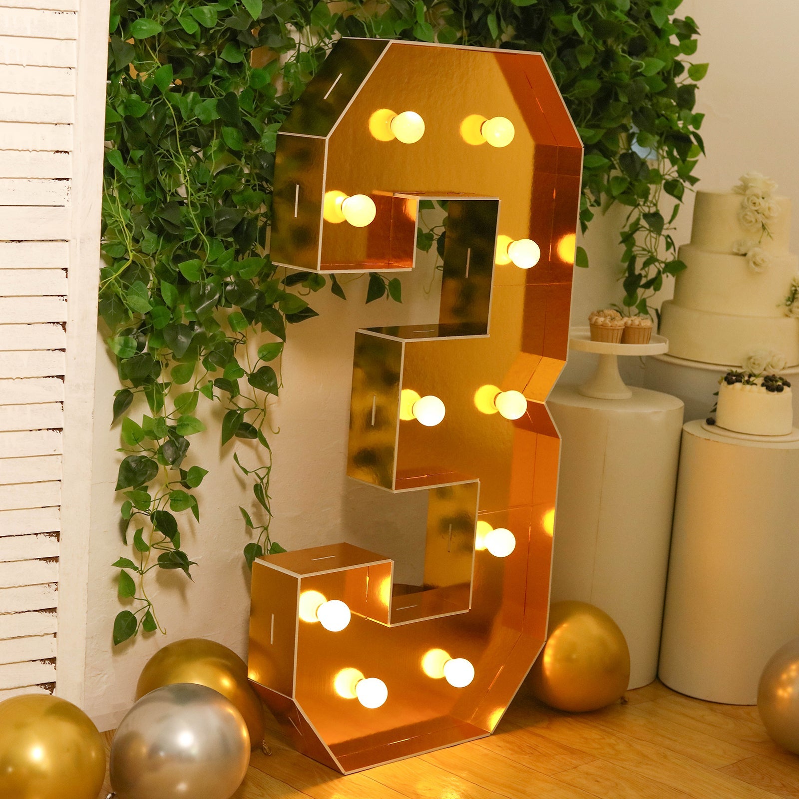 Giant LED Marquee Light Up Number "3", Gold 4ft Pre-Cut Foam Board with 10 Warm White Battery Operated LEDs, Glue Gun and Sticks