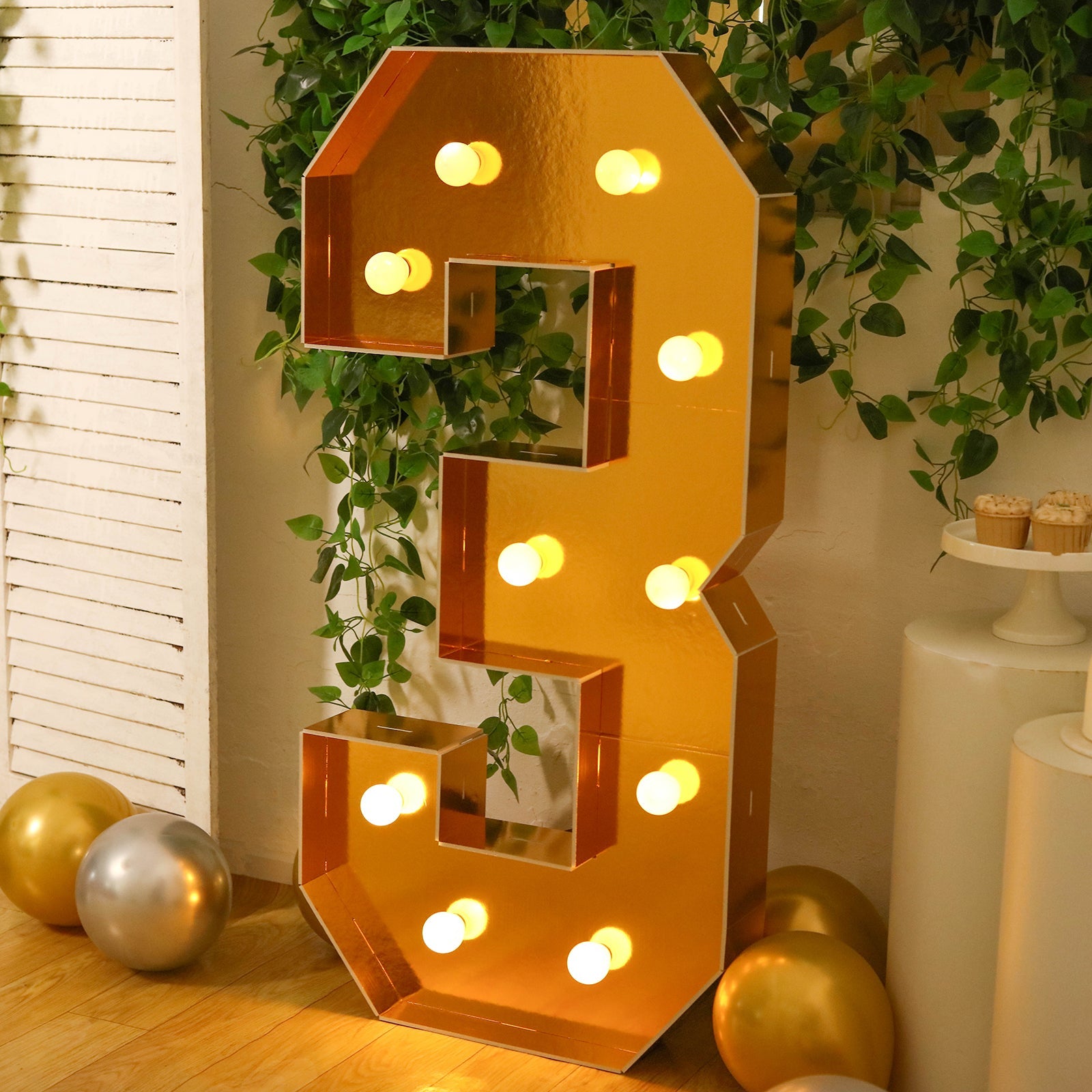 Giant LED Marquee Light Up Number "3", Gold 4ft Pre-Cut Foam Board with 10 Warm White Battery Operated LEDs, Glue Gun and Sticks