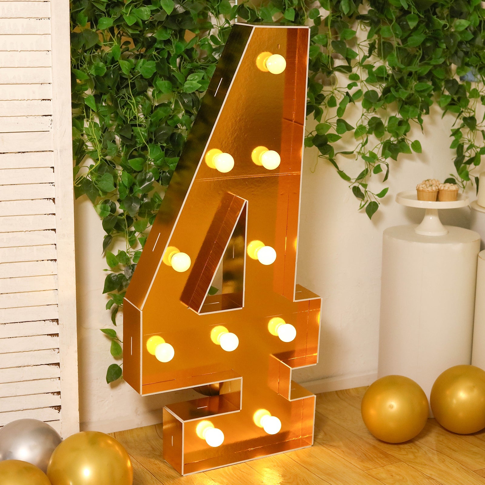 Giant LED Marquee Light Up Number "4", Gold 4ft Pre-Cut Foam Board with 10 Warm White Battery Operated LEDs, Glue Gun and Sticks