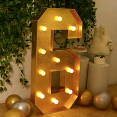Giant LED Marquee Light Up Number "6", Gold 4ft Pre-Cut Foam Board with 10 Warm White Battery Operated LEDs, Glue Gun and Sticks