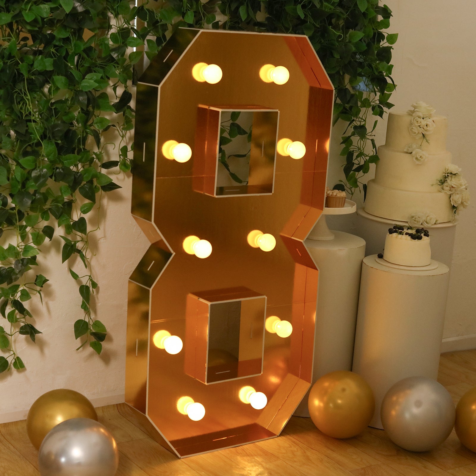 Giant LED Marquee Light Up Number "8", Gold 4ft Pre-Cut Foam Board with 10 Warm White Battery Operated LEDs, Glue Gun and Sticks