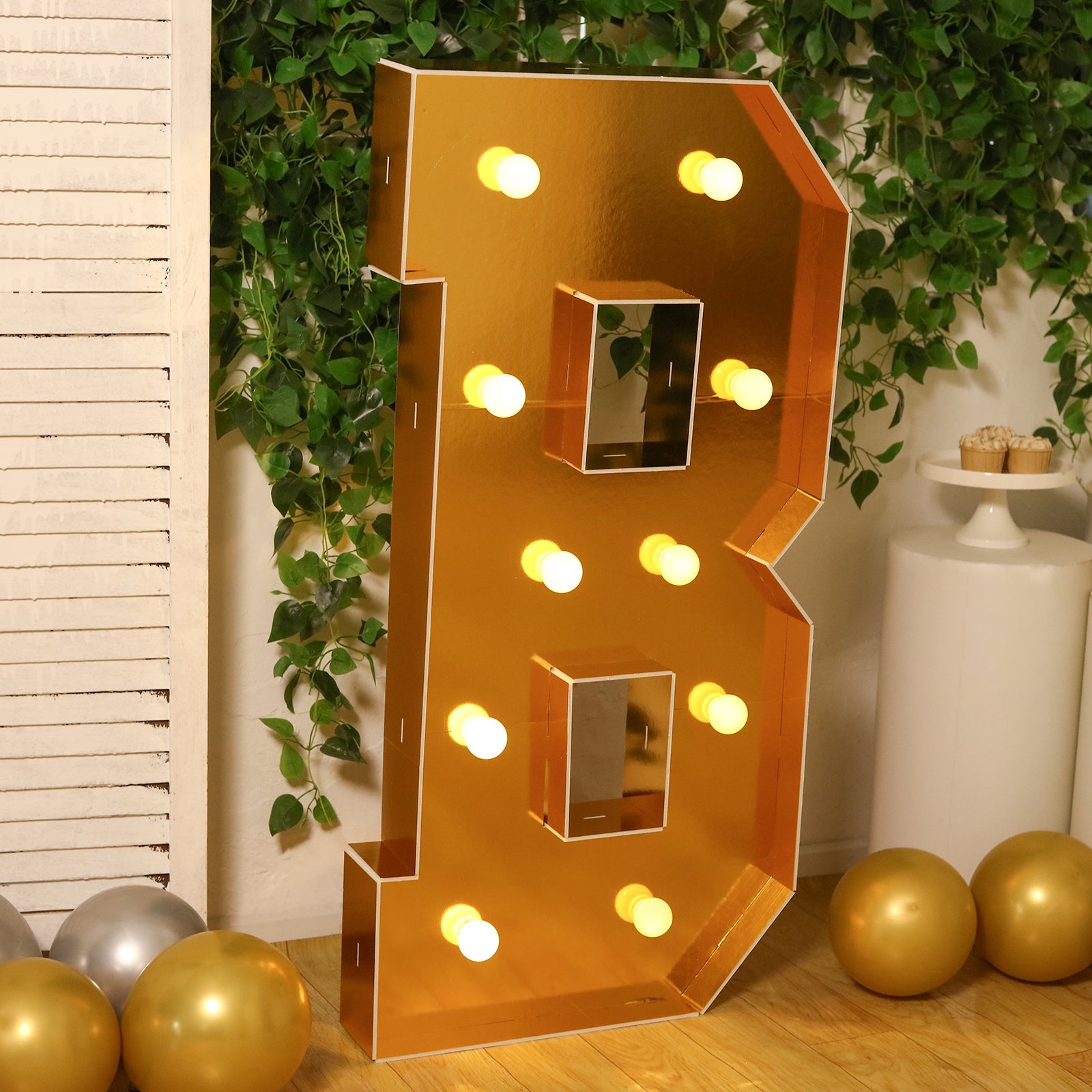 Giant LED Marquee Light Up Letter "B", Gold 4ft Pre-Cut Foam Board with 10 Warm White Battery Operated LEDs, Glue Gun and Sticks