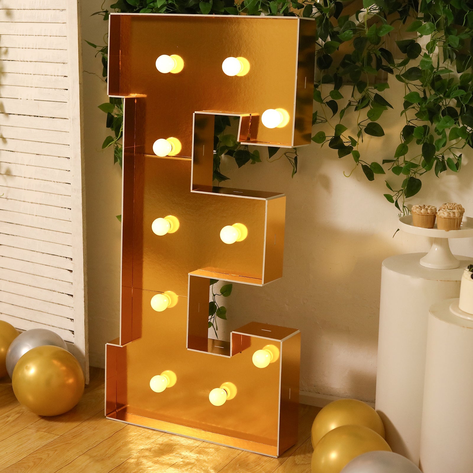 Giant LED Marquee Light Up Letter "E", Gold 4ft Pre-Cut Foam Board with 10 Warm White Battery Operated LEDs, Glue Gun and Sticks