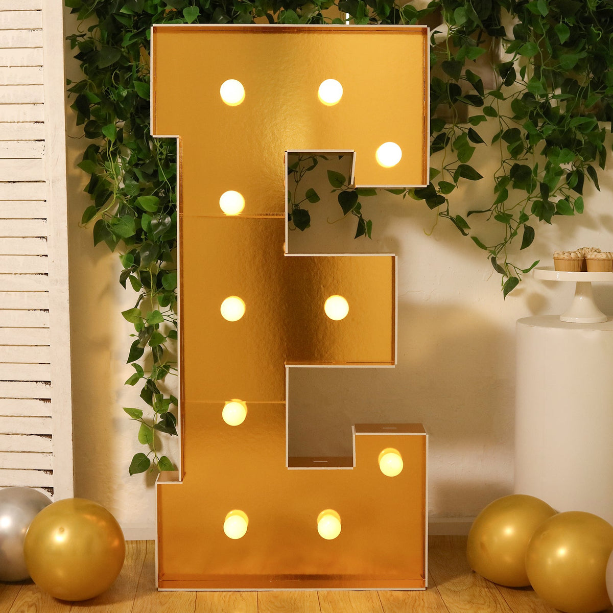 Giant LED Marquee Light Up Letter "E", Gold 4ft Pre-Cut Foam Board with 10 Warm White Battery Operated LEDs, Glue Gun and Sticks