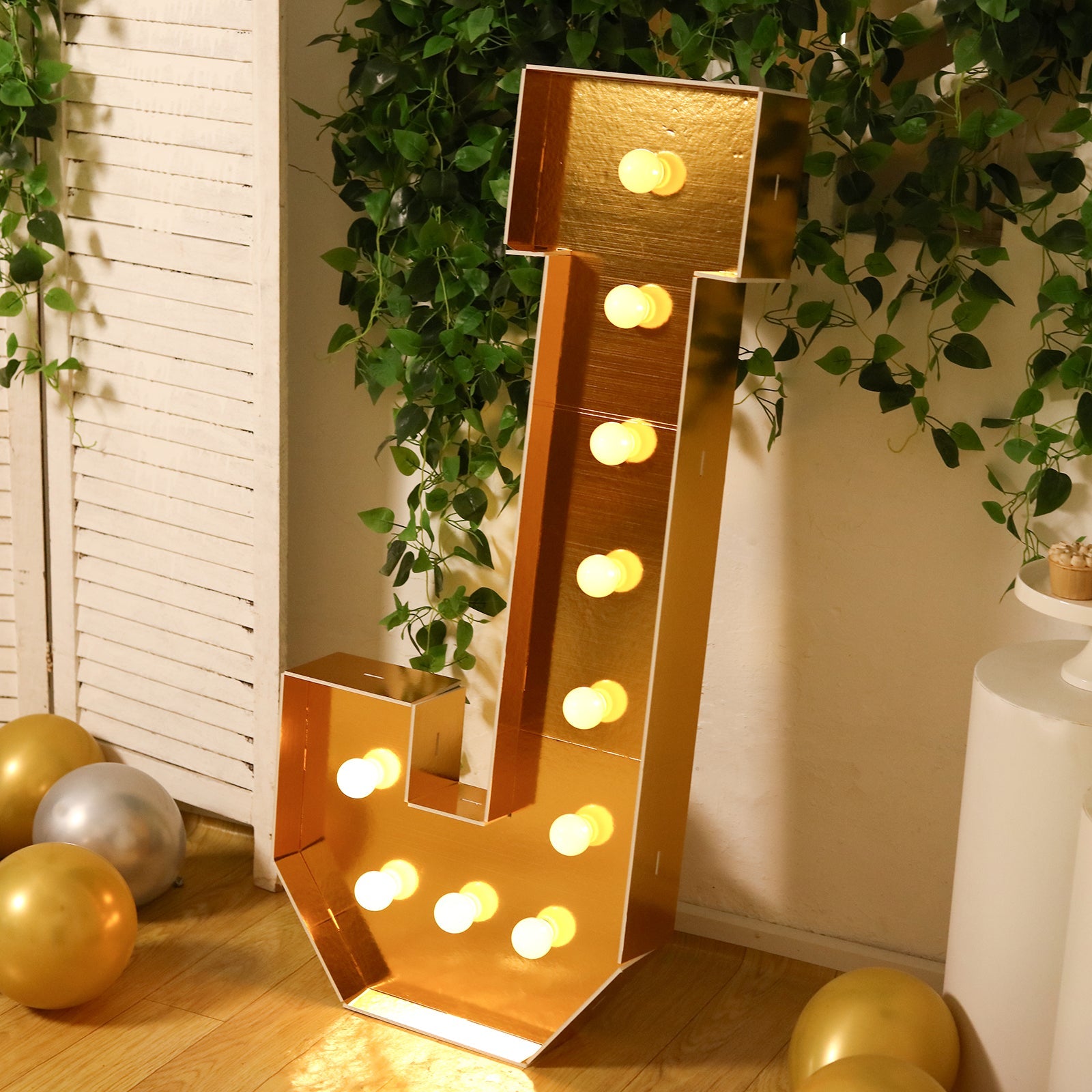 Giant LED Marquee Light Up Letter "J", Gold 4ft Pre-Cut Foam Board with 10 Warm White Battery Operated LEDs, Glue Gun and Sticks