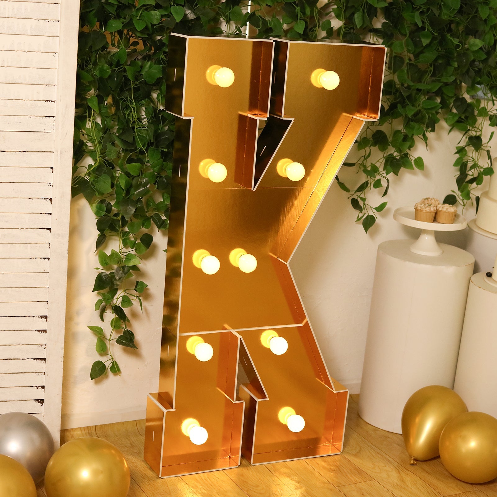 Giant LED Marquee Light Up Letter "K", Gold 4ft Pre-Cut Foam Board with 10 Warm White Battery Operated LEDs, Glue Gun and Sticks