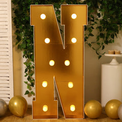 Giant LED Marquee Light Up Letter "N", Gold 4ft Pre-Cut Foam Board with 10 Warm White Battery Operated LEDs, Glue Gun and Sticks