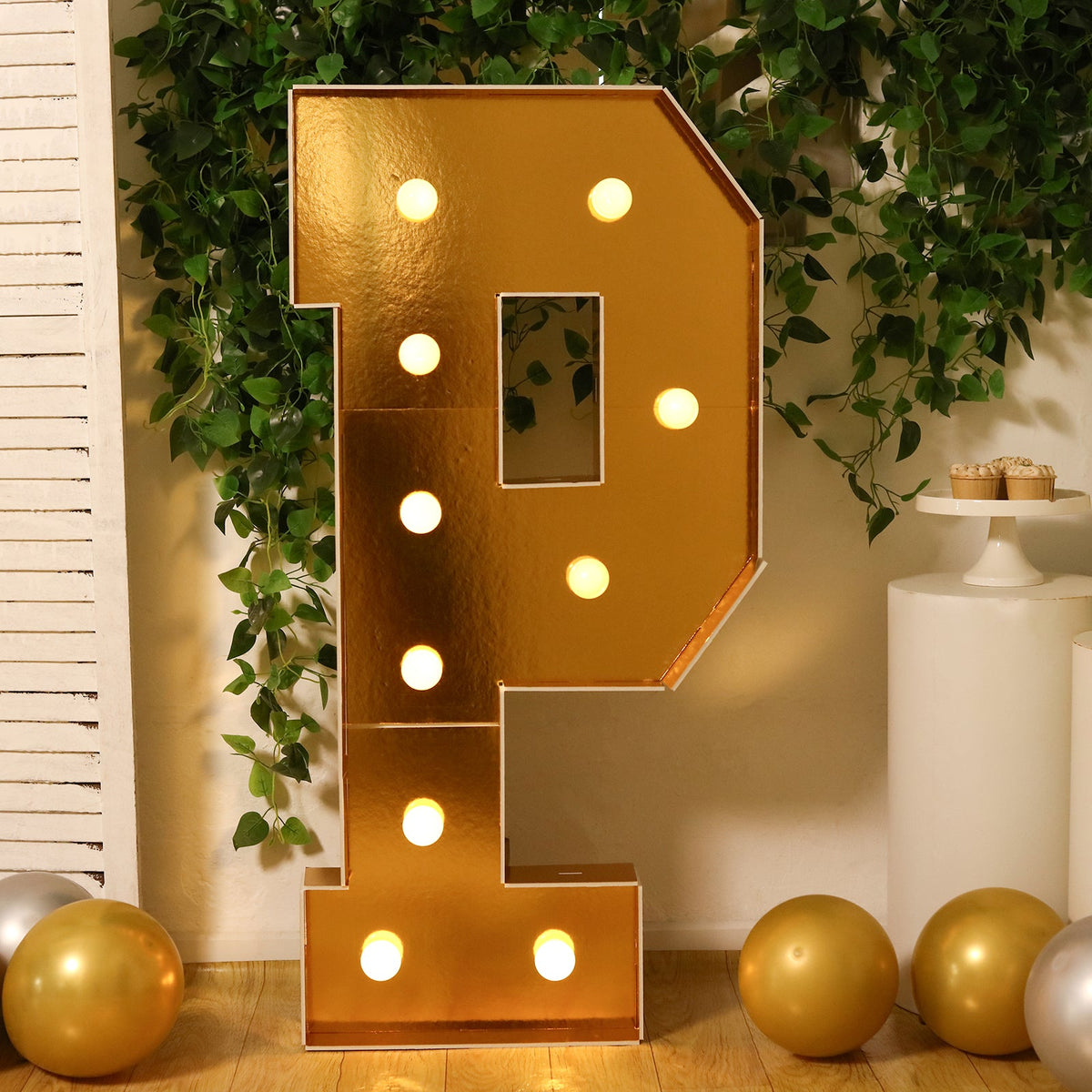 Giant LED Marquee Light Up Letter "P", Gold 4ft Pre-Cut Foam Board with 10 Warm White Battery Operated LEDs, Glue Gun and Sticks