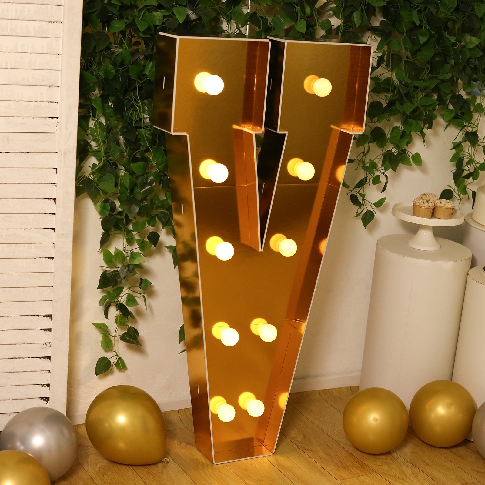 Giant LED Marquee Light Up Letter "V", Gold 4ft Pre-Cut Foam Board with 10 Warm White Battery Operated LEDs, Glue Gun and Sticks