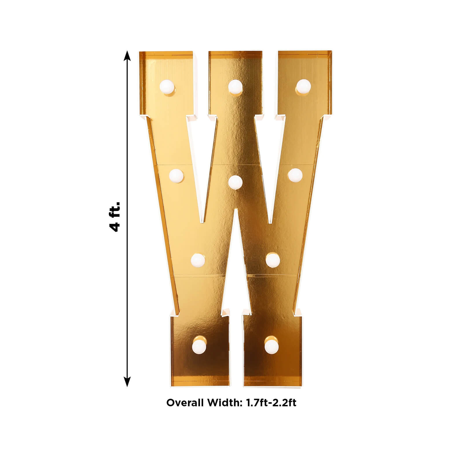 Giant LED Marquee Light Up Letter "W", Gold 4ft Pre-Cut Foam Board with 10 Warm White Battery Operated LEDs, Glue Gun and Sticks