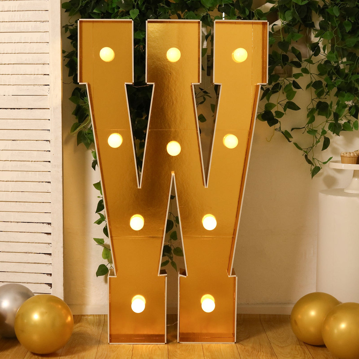 Giant LED Marquee Light Up Letter "W", Gold 4ft Pre-Cut Foam Board with 10 Warm White Battery Operated LEDs, Glue Gun and Sticks