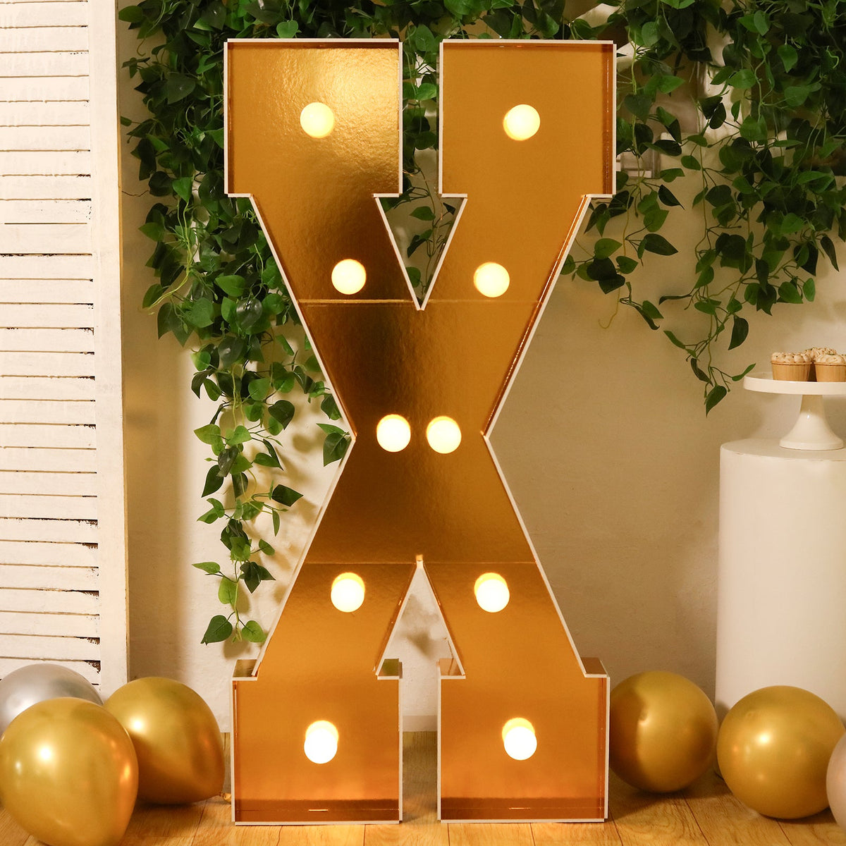 Giant LED Marquee Light Up Letter "X", Gold 4ft Pre-Cut Foam Board with 10 Warm White Battery Operated LEDs, Glue Gun and Sticks