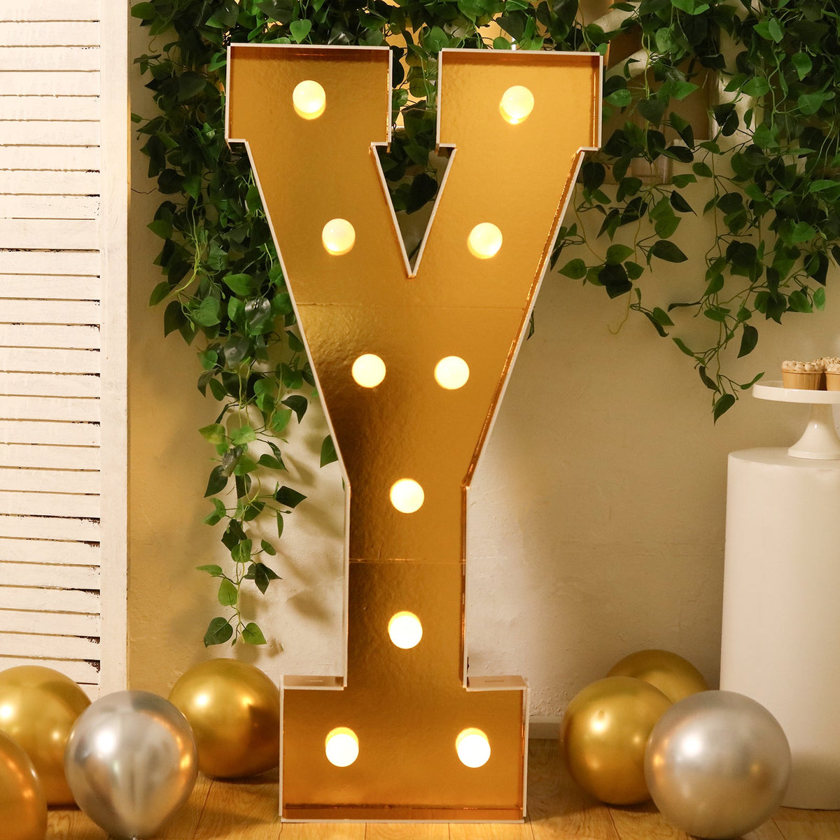 Giant LED Marquee Light Up Letter "Y", Gold 4ft Pre-Cut Foam Board with 10 Warm White Battery Operated LEDs, Glue Gun and Sticks