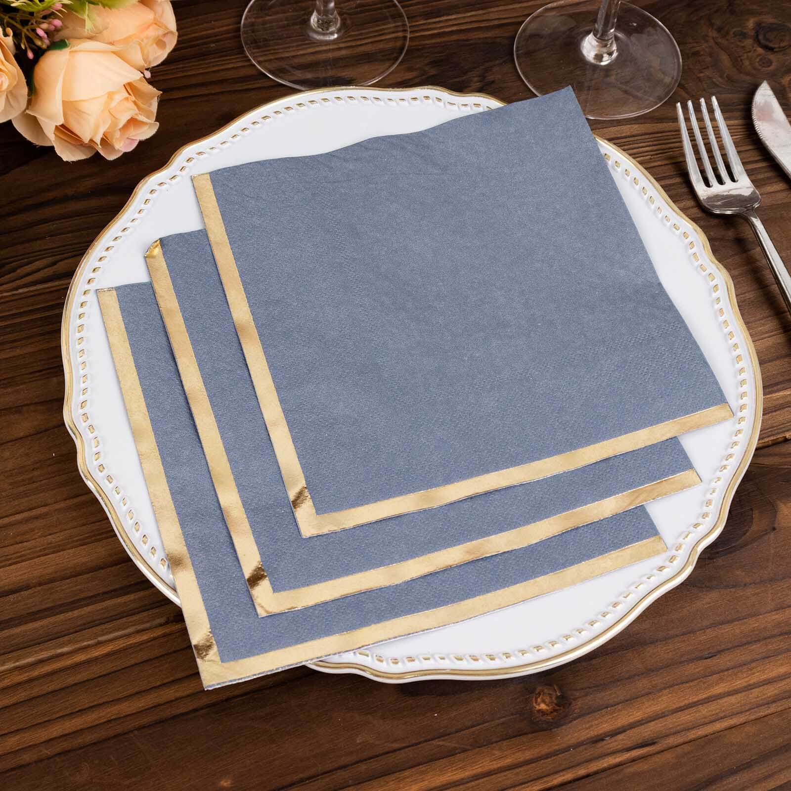 50-Pack Paper Beverage Napkins with Gold Foil Edge Dusty Blue - Disposable 2 Ply Cocktail Napkins for Events 6.5"x6.5"