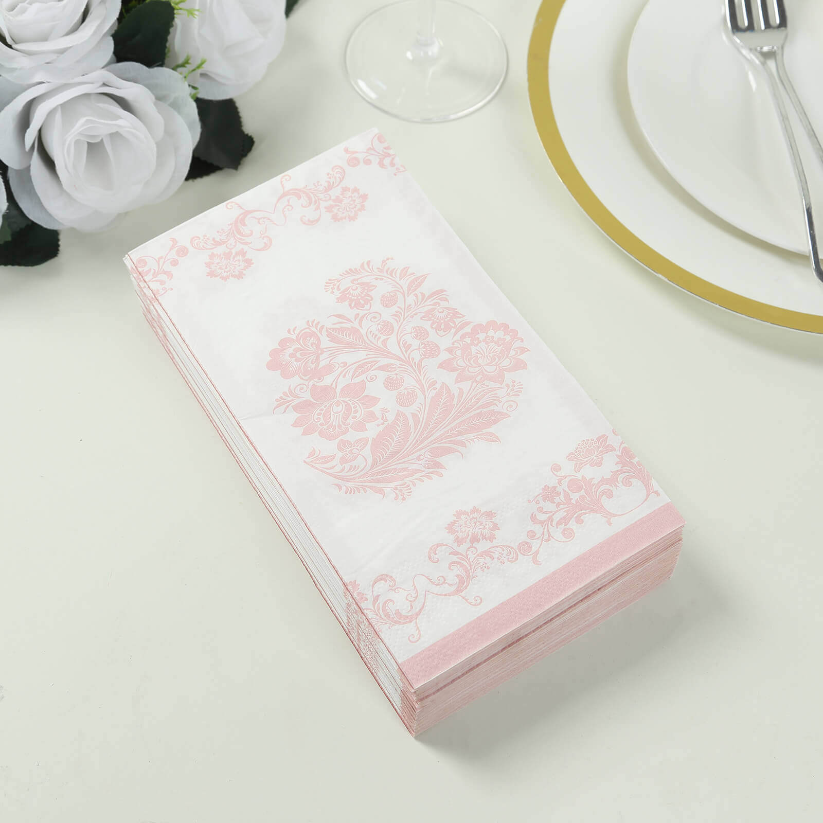 50-Pack Paper Dinner Napkins White with Pink Damask Floral Pattern 2-Ply - Stylish Disposable Napkins for Parties