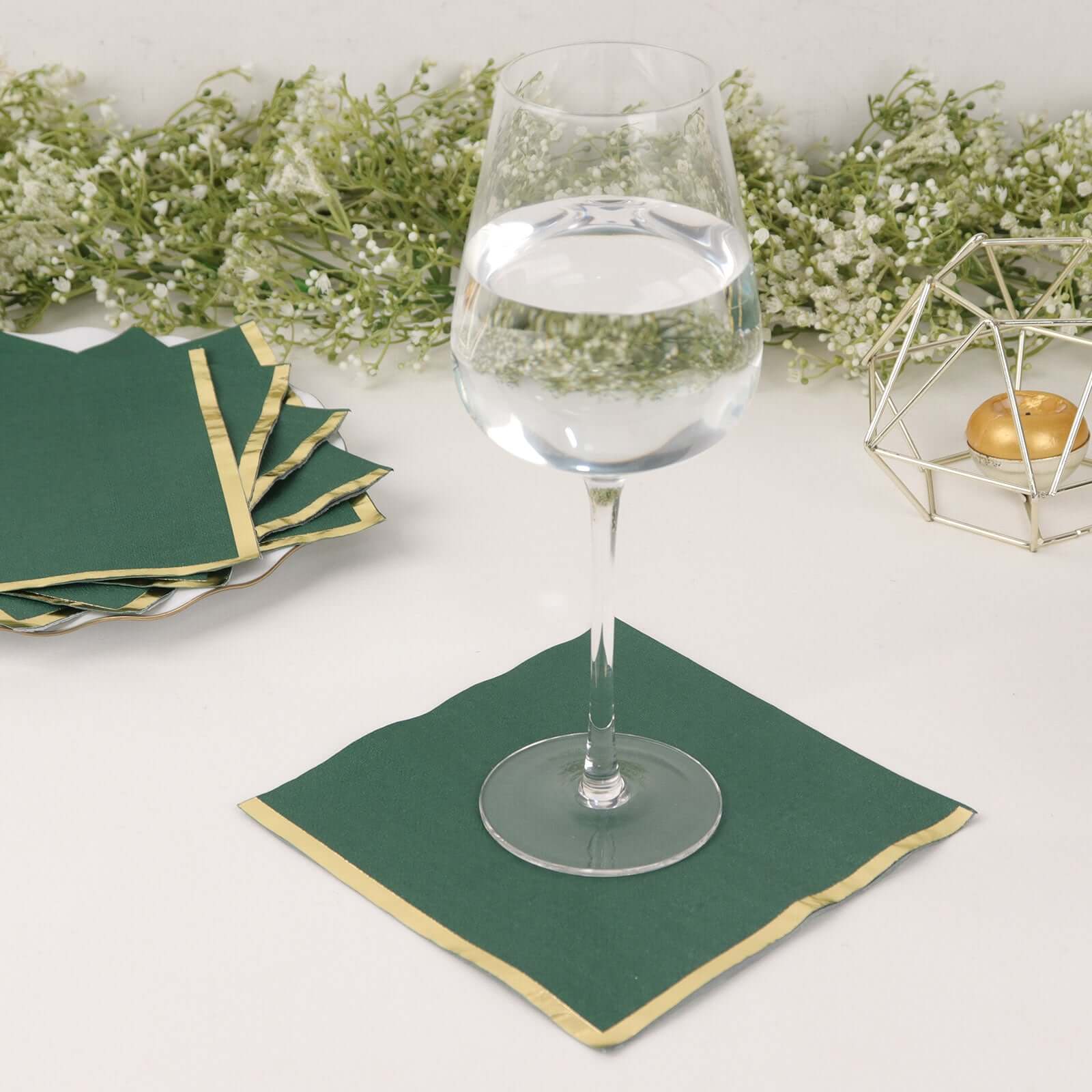 50-Pack Paper Beverage Napkins with Gold Foil Edge Hunter Emerald Green - Disposable 2 Ply Cocktail Napkins for Events 6.5"x6.5"