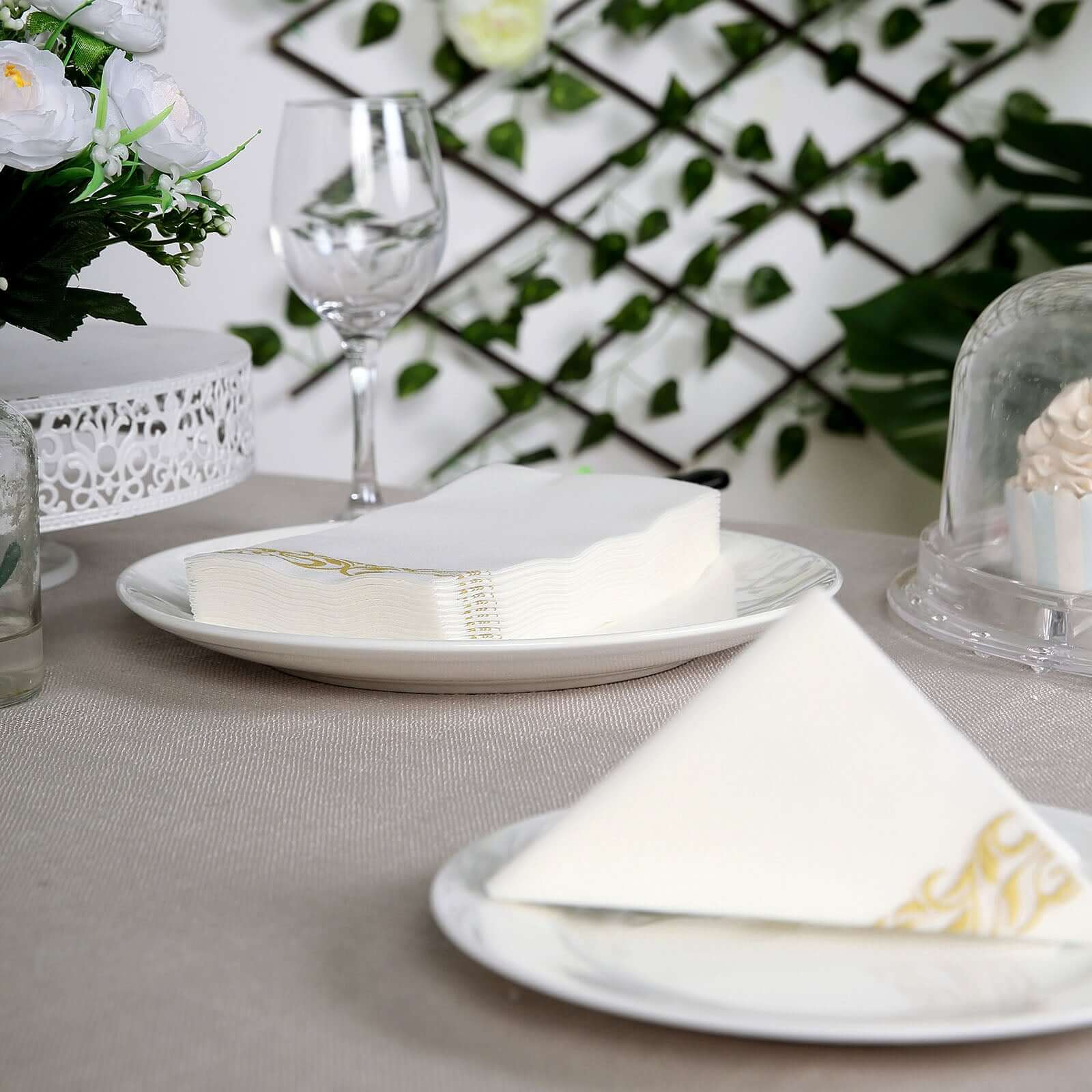 25 Pack Linen-Like Paper 8"x4" Napkins White with Metallic Gold Foil Scroll Design - Soft & Absorbent Airlaid Hand Towels for Exquisite Weddings & Events