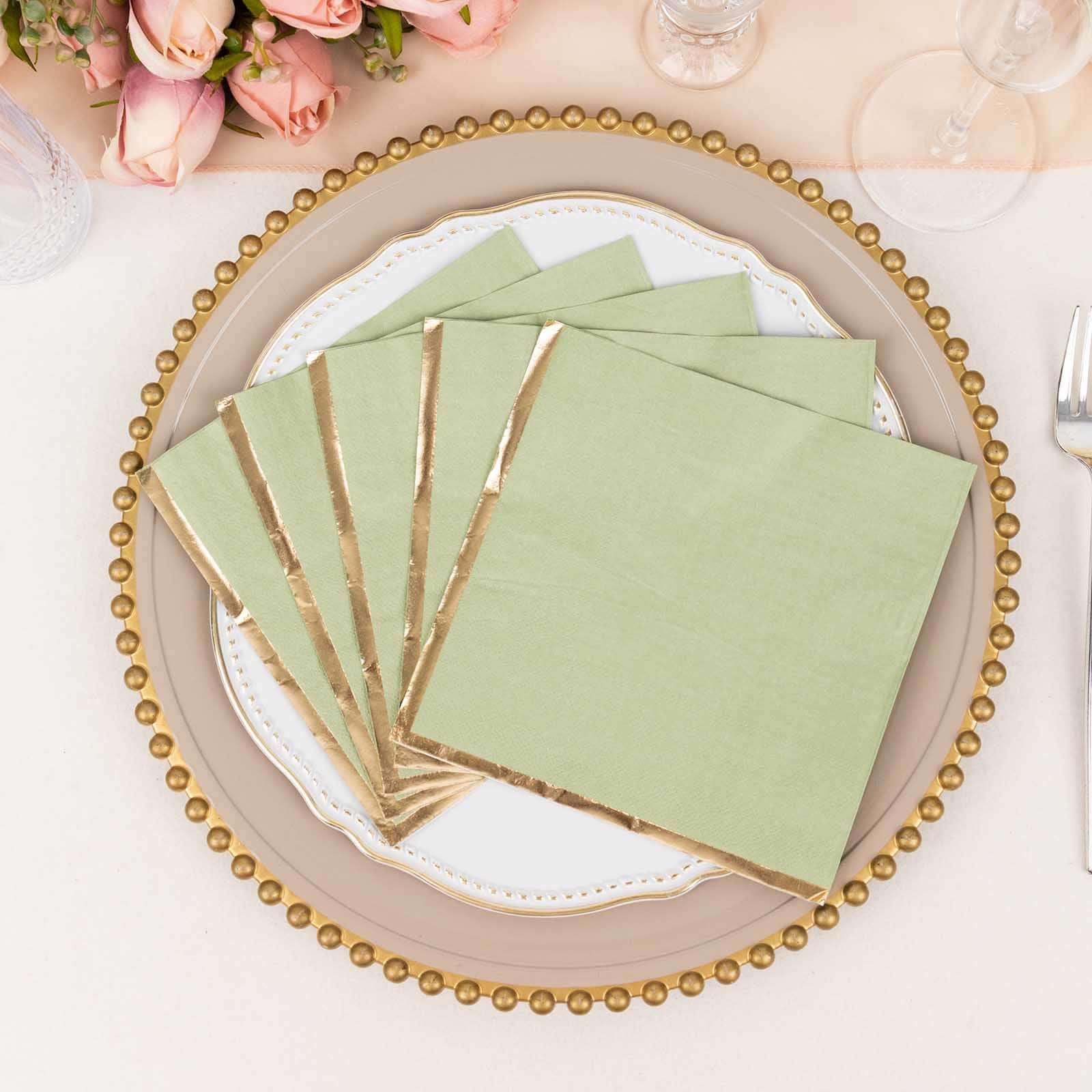 50-Pack Paper Beverage Napkins with Gold Foil Edge Sage Green - Disposable 2 Ply Cocktail Napkins for Events 6.5"x6.5"