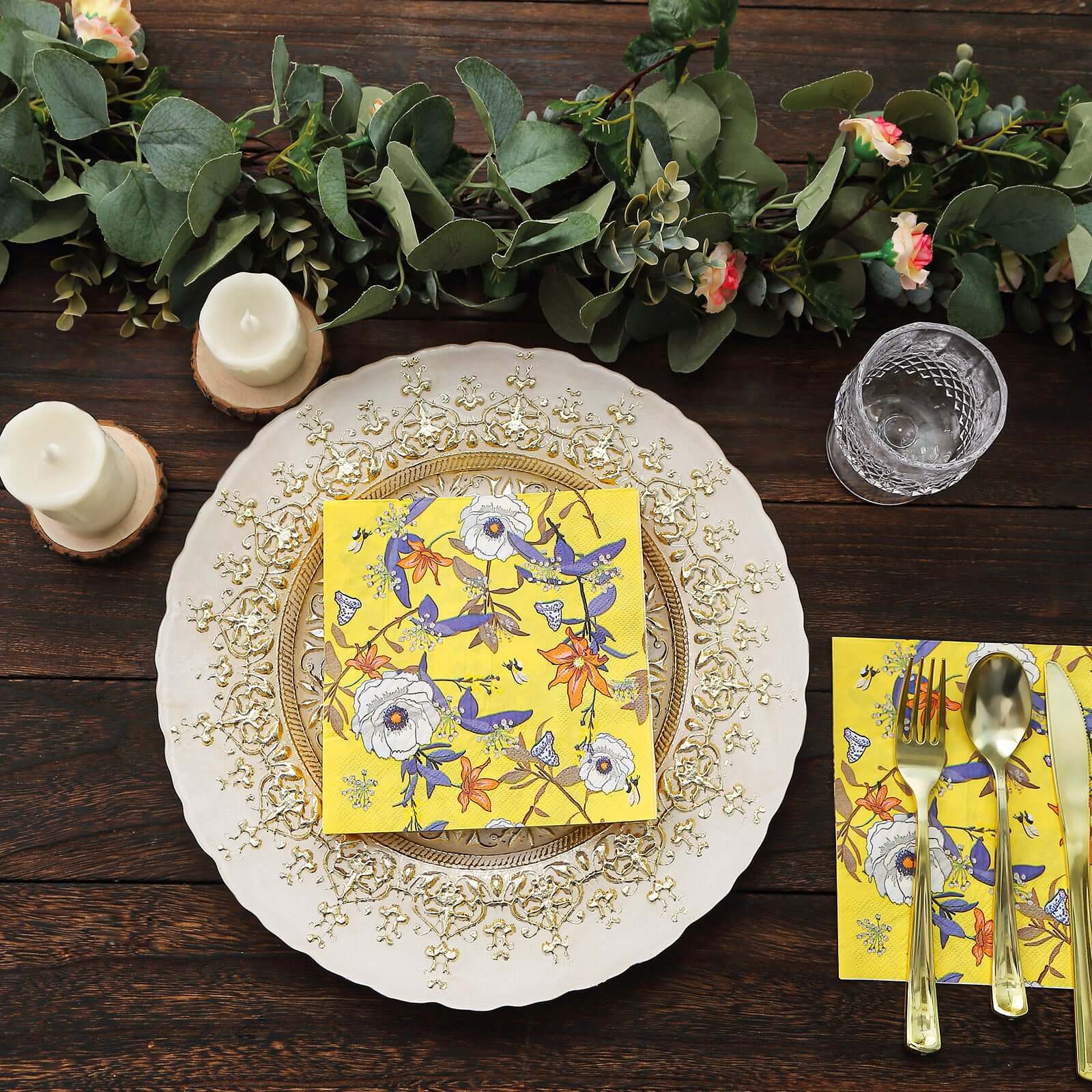 20-Pack Paper Beverage Napkins with Blooming Flowers Design Yellow - 2 Ply Soft 18GSM Floral Wedding Napkins 6.5"x6.5"