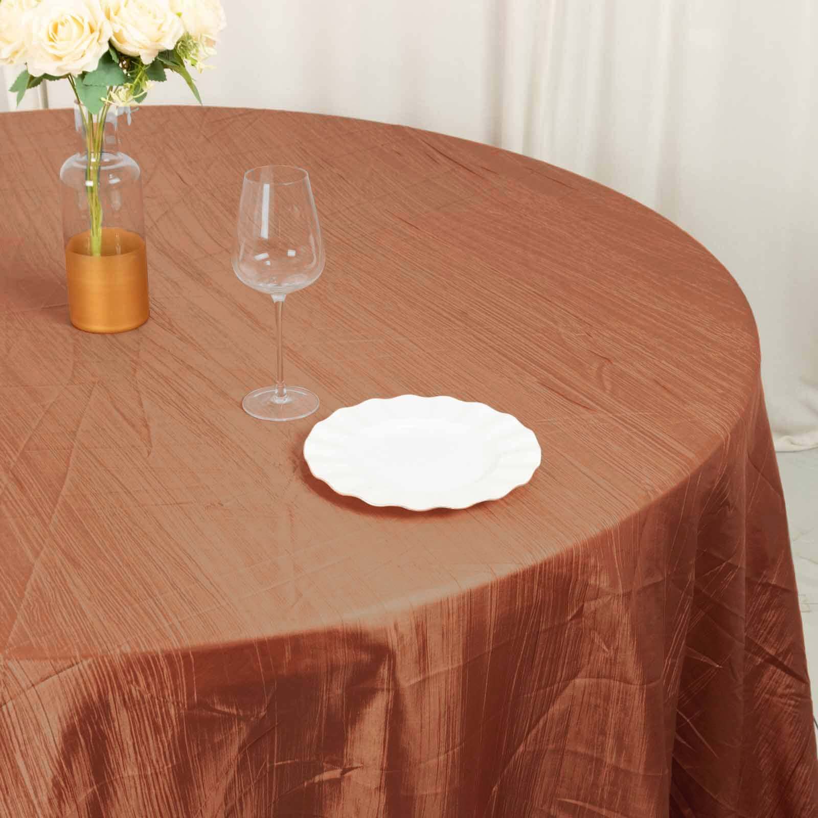 Taffeta 132" Round Tablecloth Terracotta (Rust) - Seamless Accordion Crinkle Table Cover